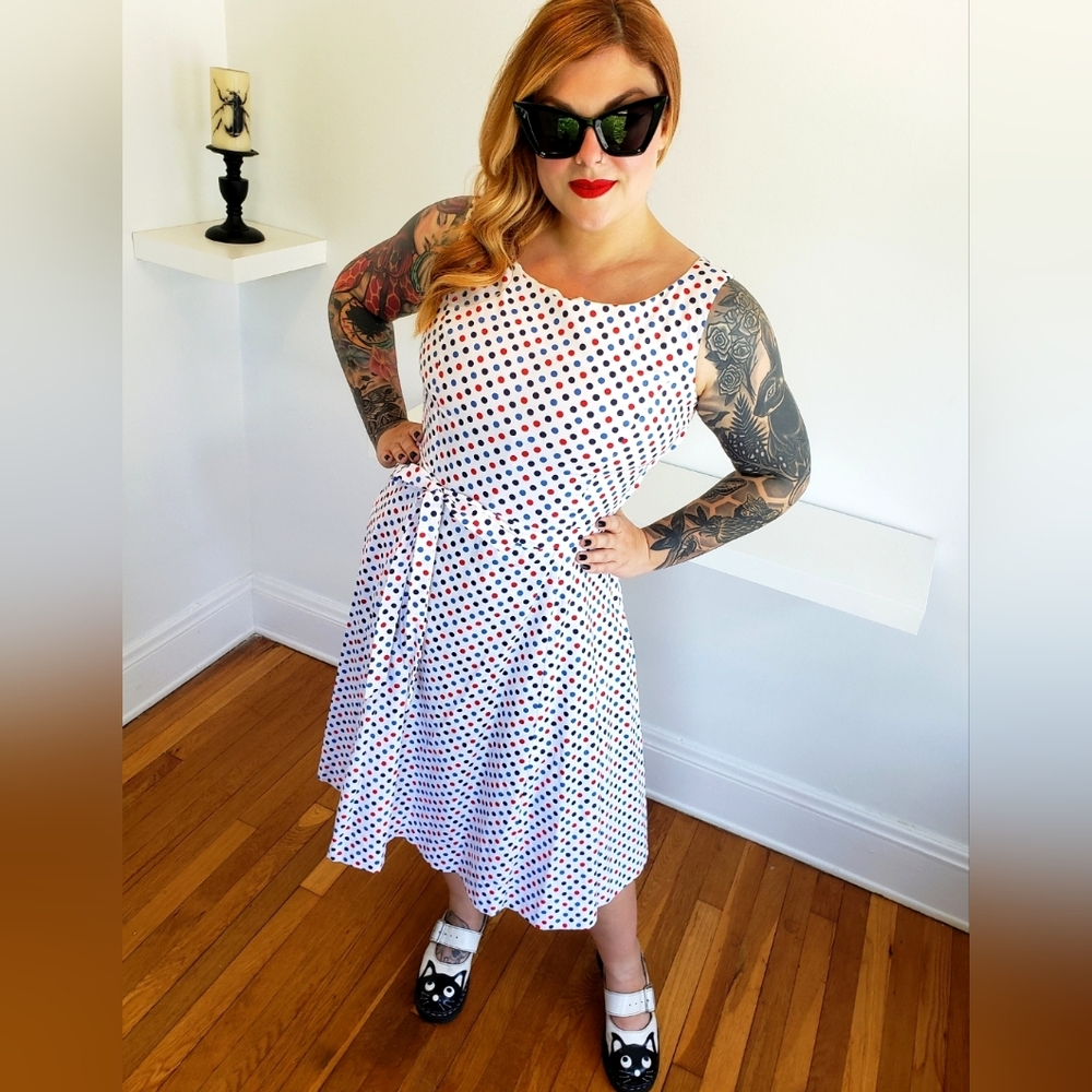 True Volup Vintage 60s Polka Dot Pinup Sundress Red White and Blue